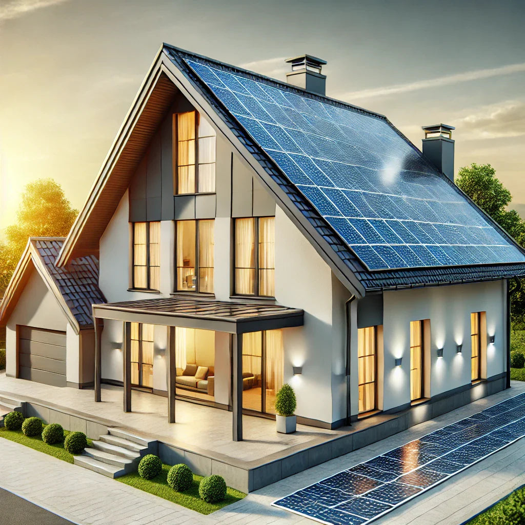 Beleuchtetes Haus mit PV-Anlage